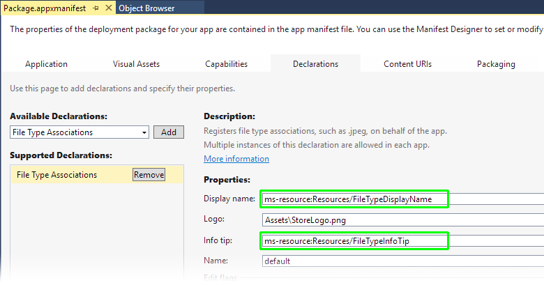 Screenshot des Visual Studio-Manifest-Designers mit der Registerkarte 