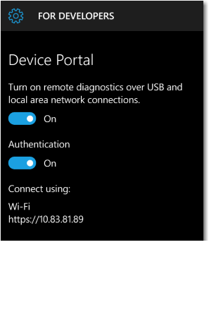 Screenshot der Einstellungenseite für das Geräteportal auf einem Windows Phone.