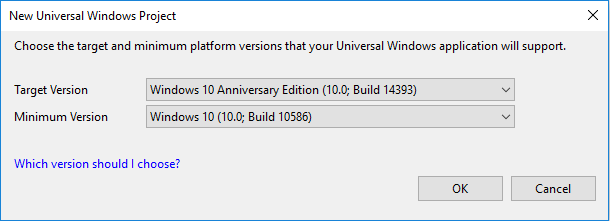 Screenshot des Dialogfelds „Neues universelles Windows-Projekt“.