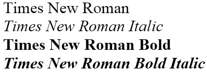 Abbildung kursiv, fett und fett kursiv aus der Times New Roman-Schriftfamilie