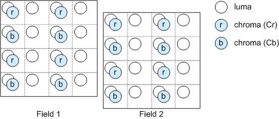 Diagramm mit zwei 4x4 Matrizen; eine ist um die Hälfte der Breite einer Zeile niedriger als die andere, und Chroma-Kreise in jeder Spalte wechseln zwischen Cr und Cb