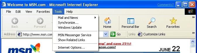 Screenshot der Windows Internet Explorer-Menüleiste mit ausgewähltem Menü 