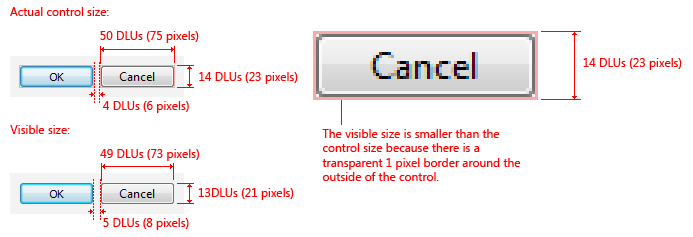 Diagramm der Schaltflächenabmessungen in Pixeln und DLUs 