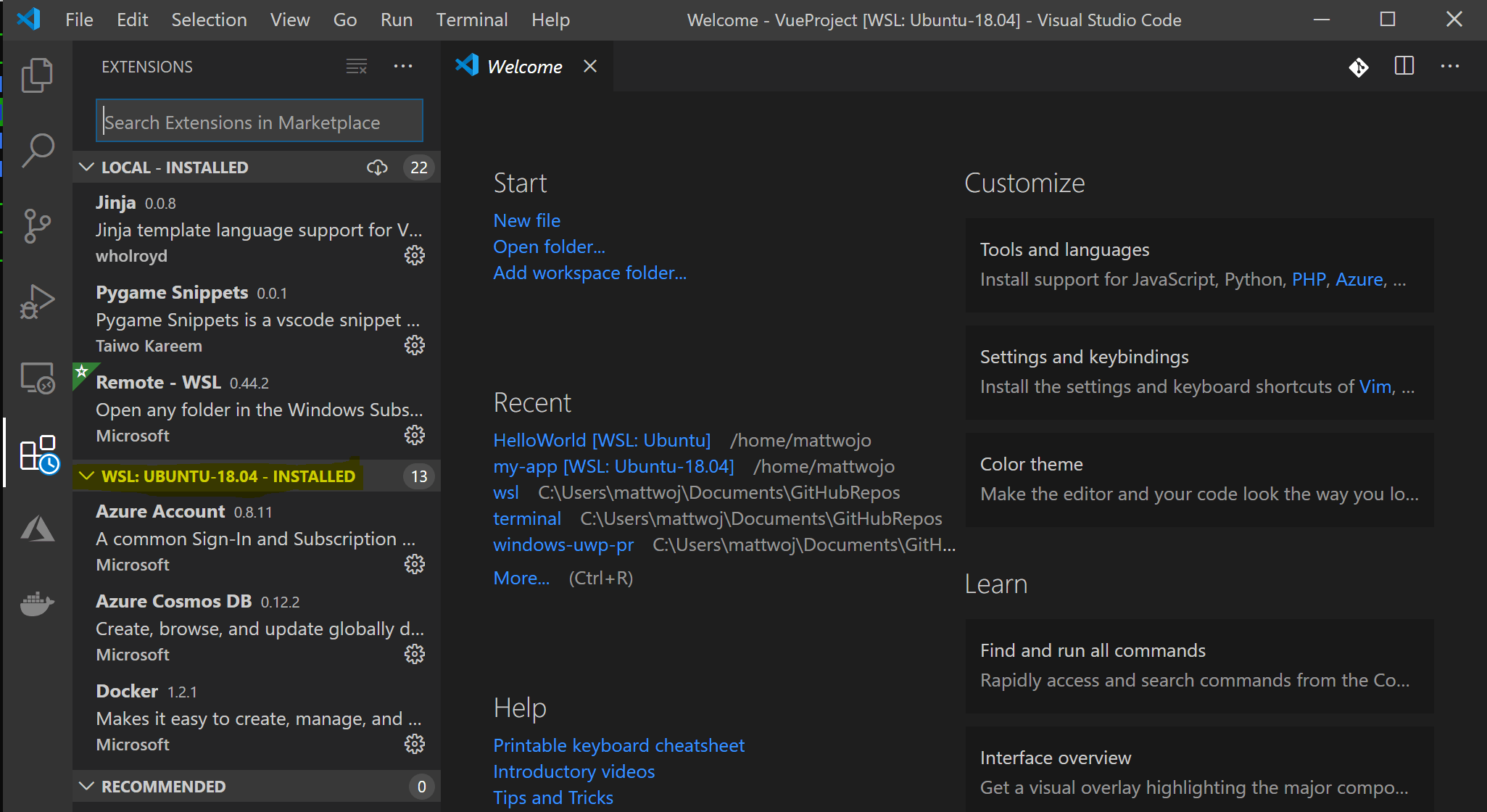 VS Code mit angezeigten WSL-Erweiterungen