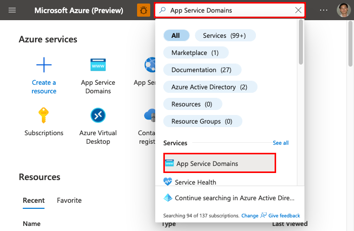 A screenshot showing how to open the App Service domain view.