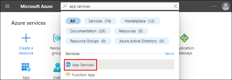 Screenshot of the Azure portal with 'app services' typed in the search text box. In the results, the App Services option under Services is highlighted.