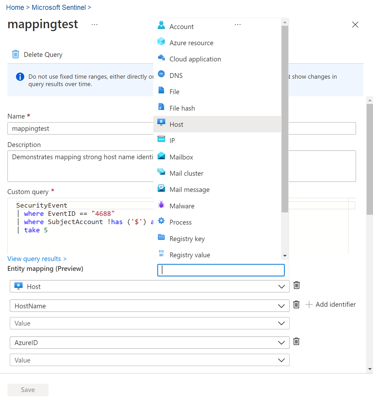 Screenshot for mapping entity types in hunting queries.