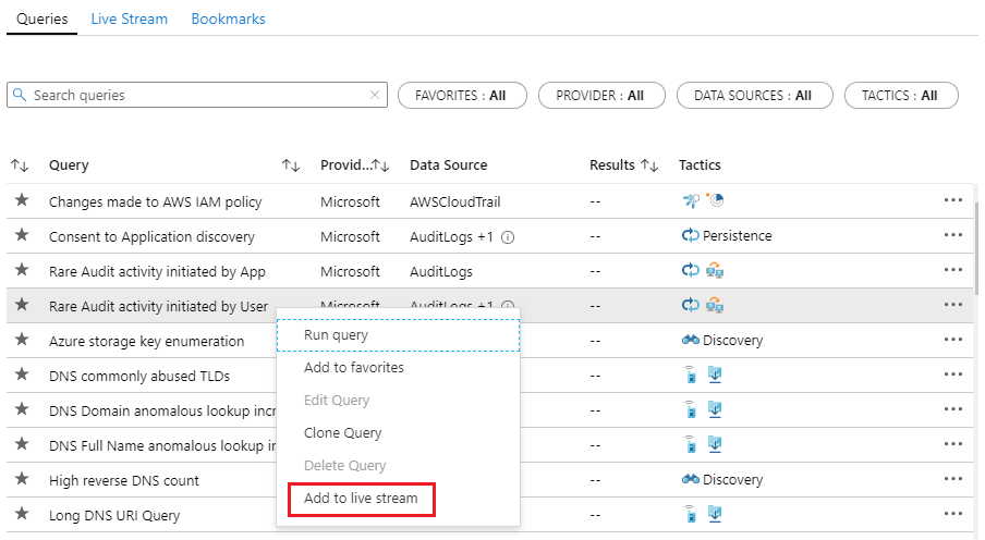 create Livestream session from Microsoft Sentinel hunting query