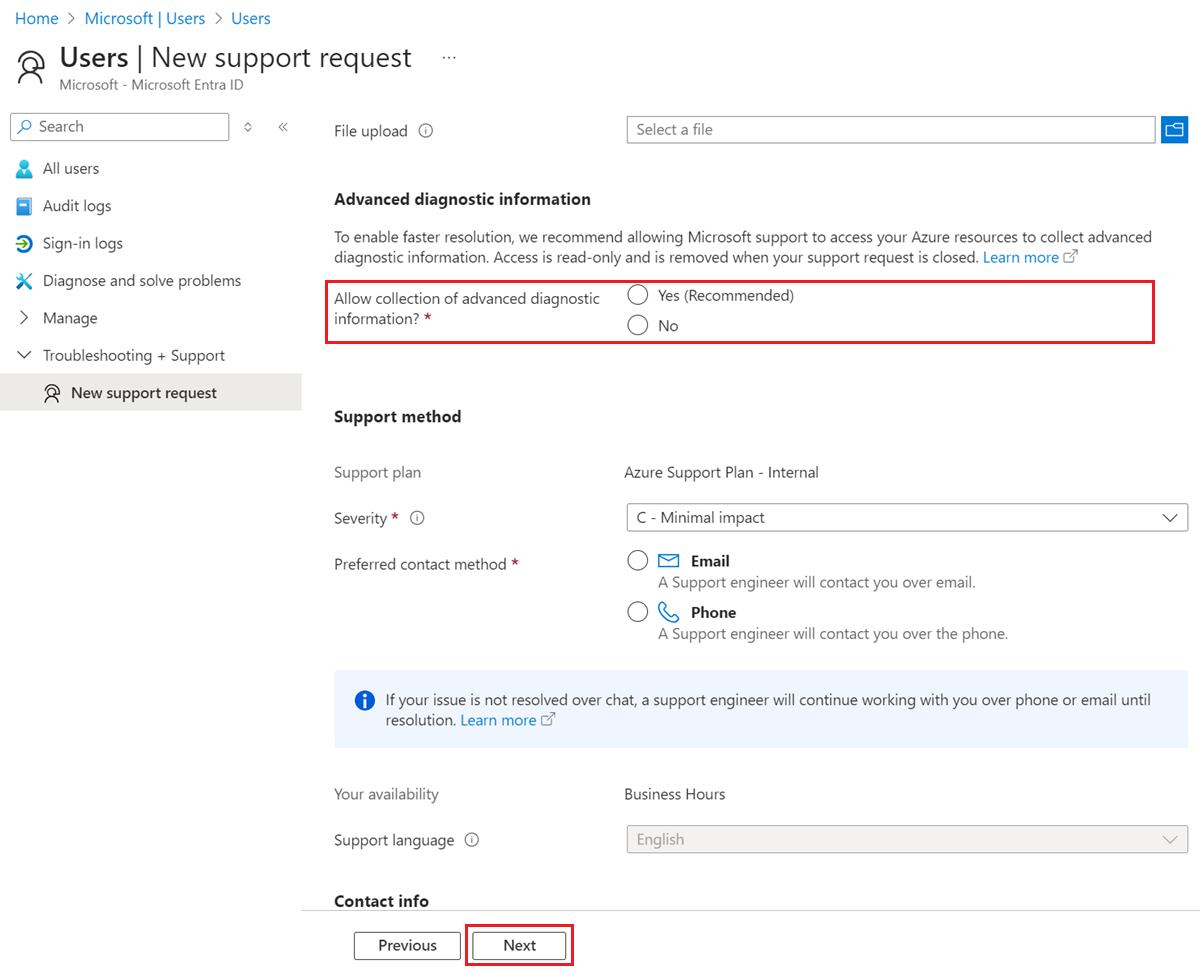 microsoft support ticket azure