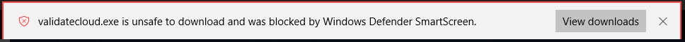 SmartScreen blocks an unsafe download, and provides a button to select to view the **Downloads** list details.