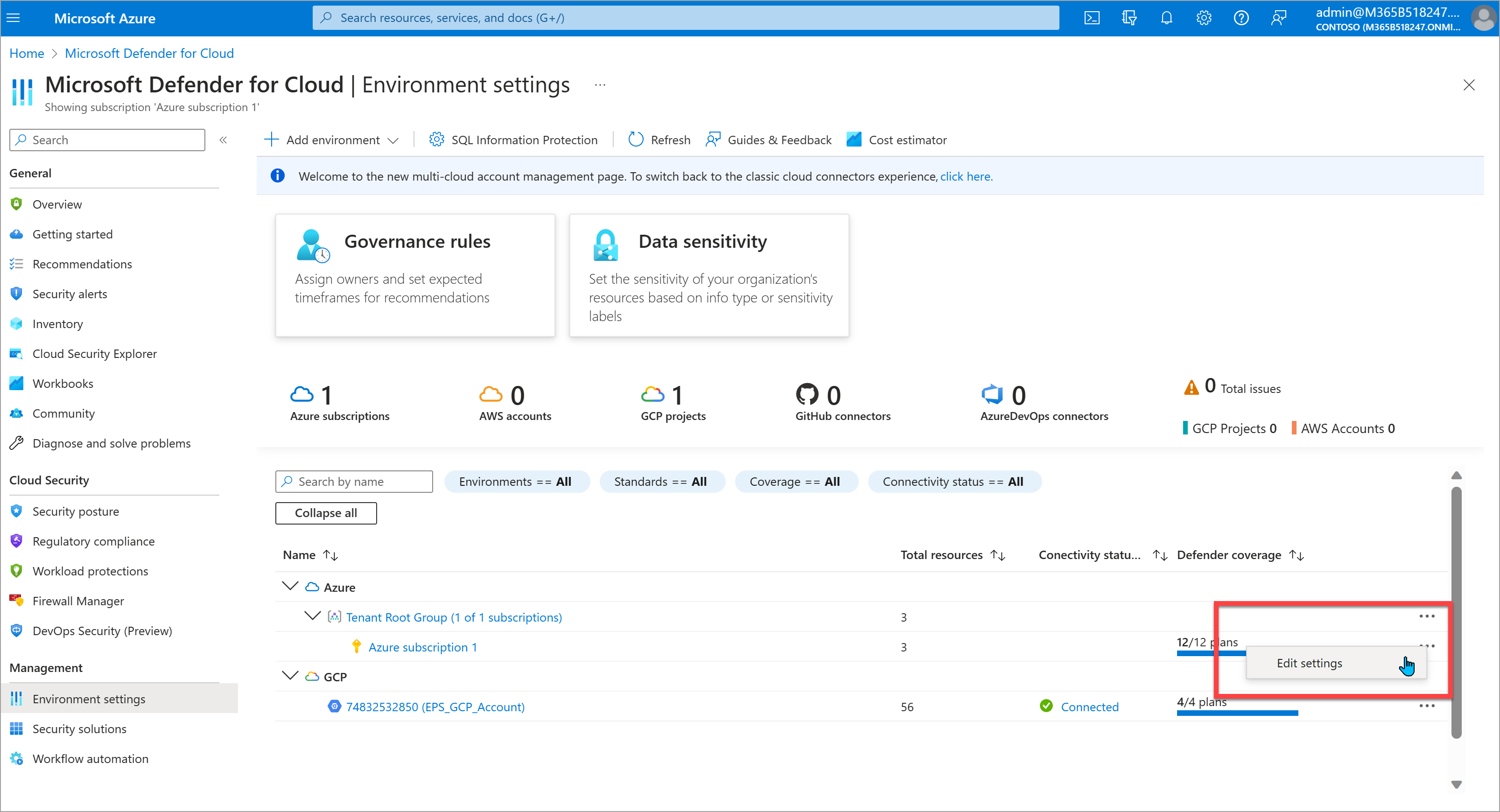 Compliance Manager MDC subscription settings.