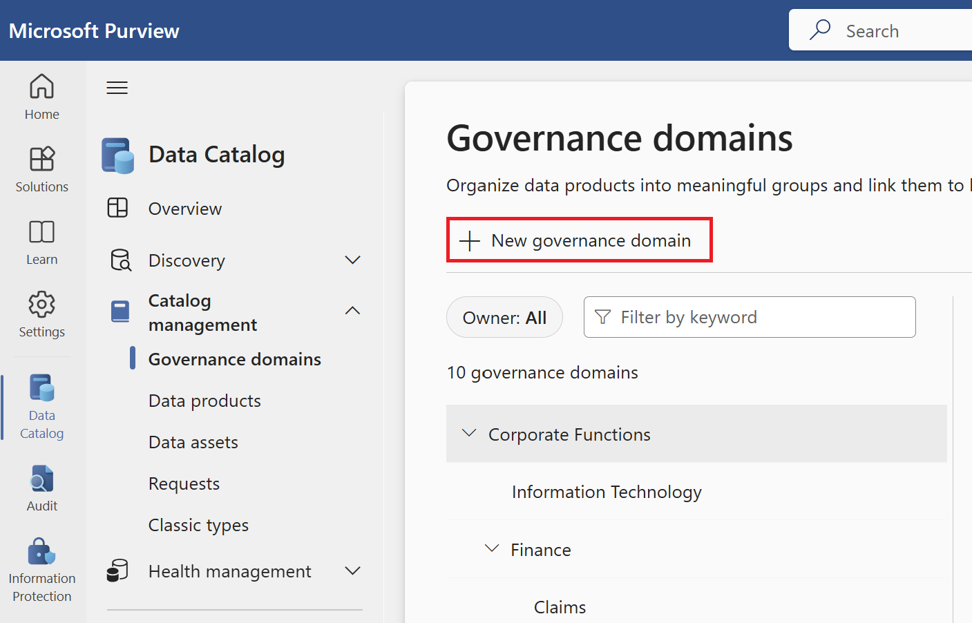 Screenshot of the governance domains page, with the new governance domain button highlighted.