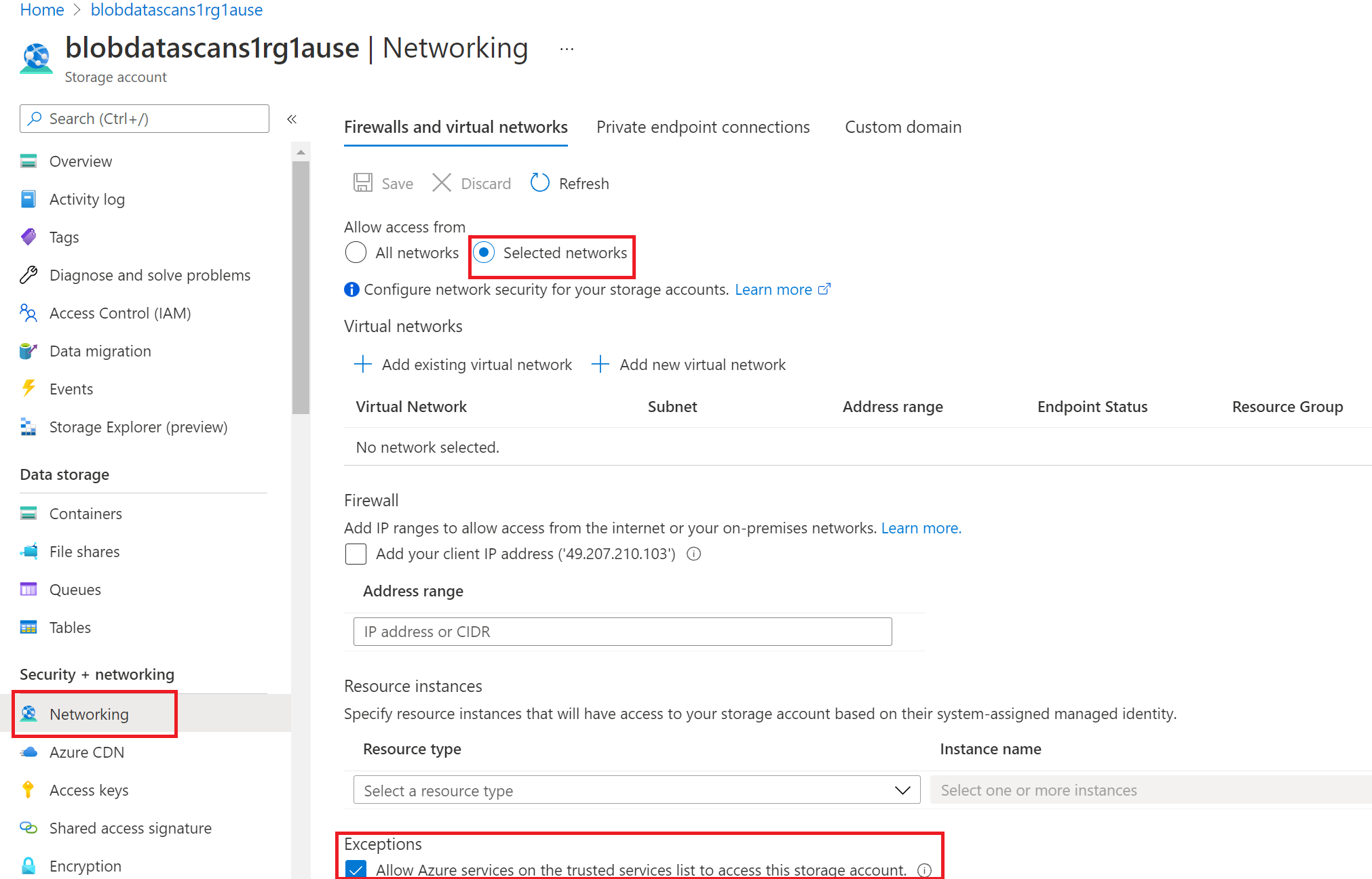 Screenshot that shows the exceptions to allow trusted Microsoft services to access the storage account