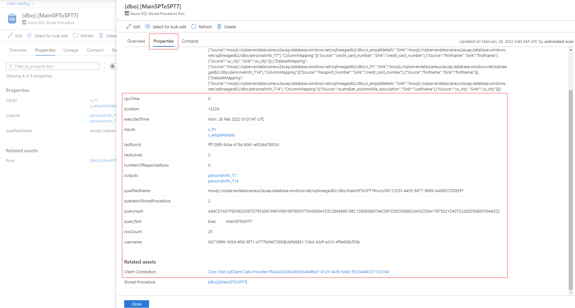 Screenshot that shows run properties for a stored procedure.