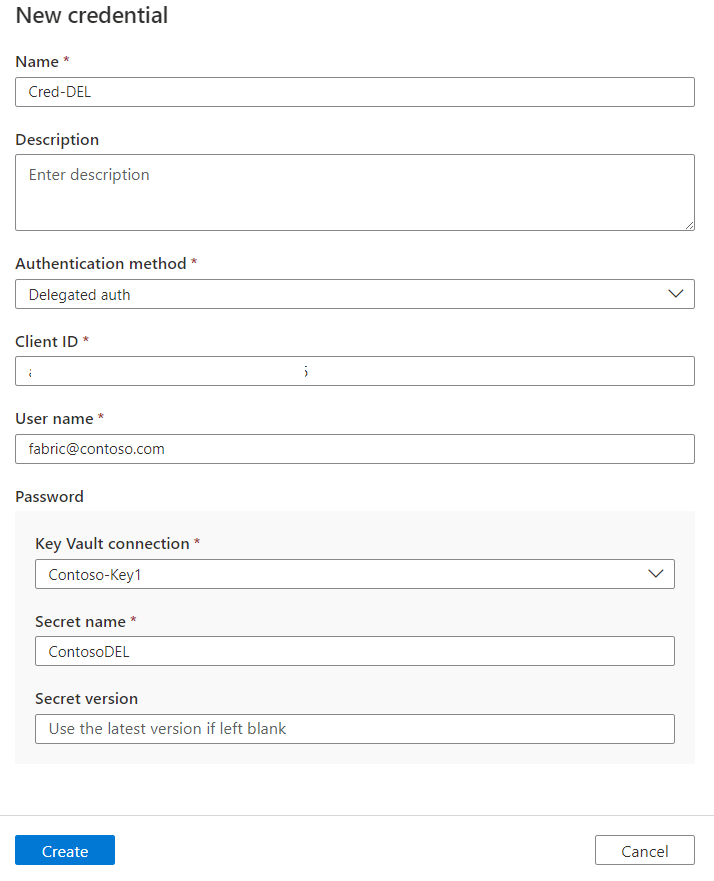 Screenshot of the new credential menu, showing Fabric credential for Delegated Auth with all required values supplied.