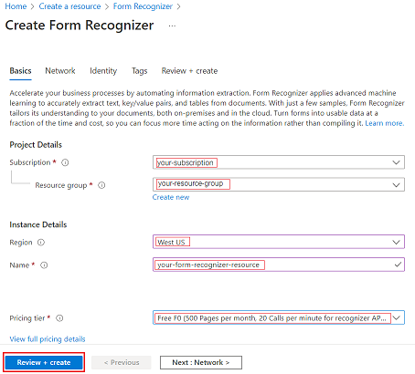 Still image showing the correct values for creating Document Intelligence resource.