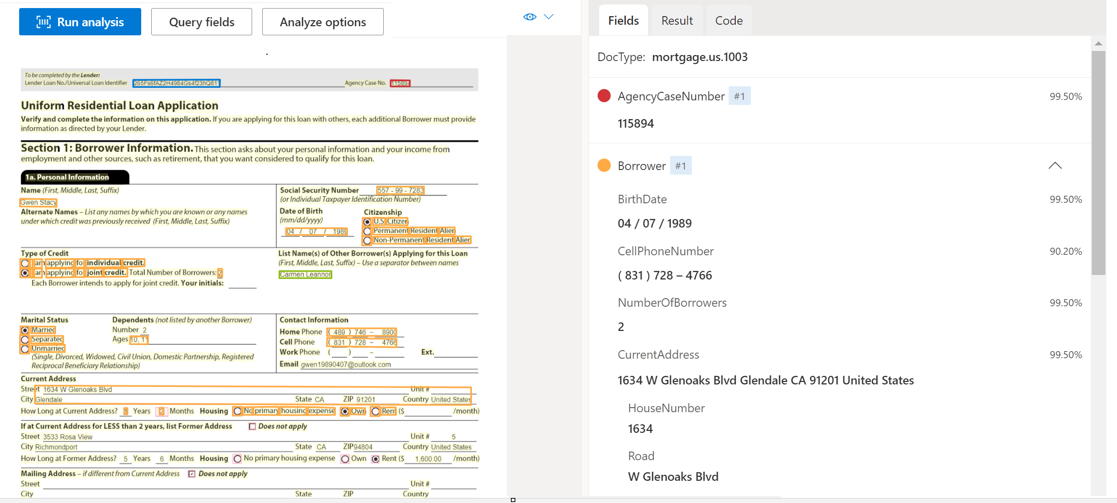 Screenshot of US Mortgage 1003 document model analysis using Document Intelligence Studio.