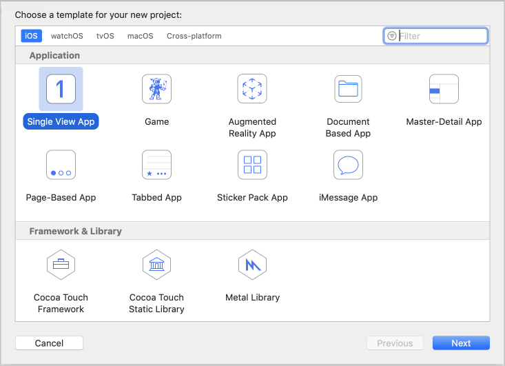 Screenshot of the template gallery to select a single view app.