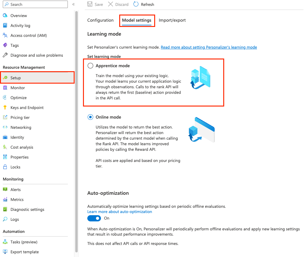 Screenshot of configuring apprentice mode learning behavior in Azure portal