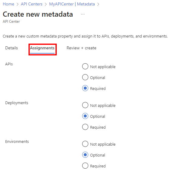 Screenshot of metadata assignments in the portal.