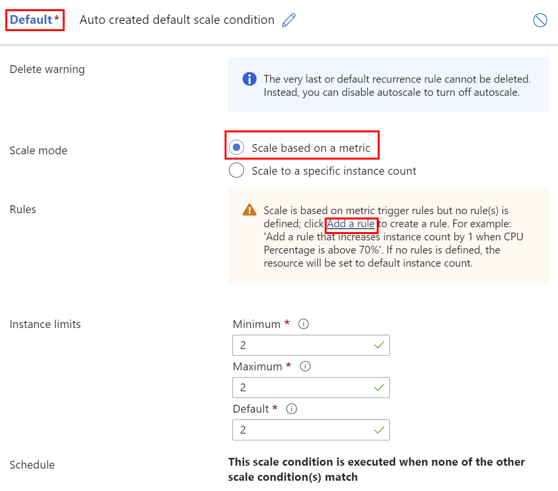 Screenshot of configuring the default scale condition in the portal.