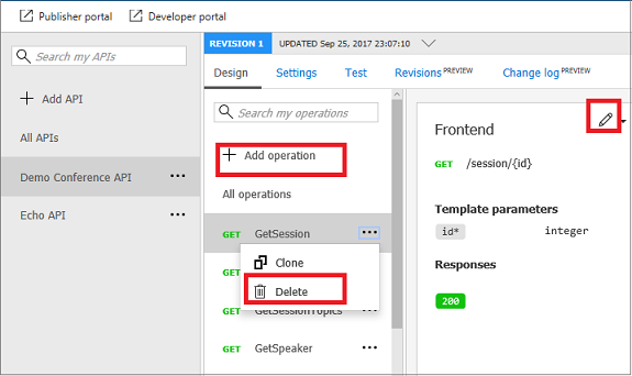 Screenshot that highlights the process for editing an API in API Management.