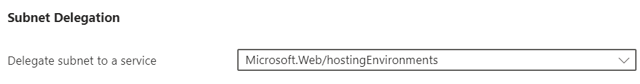 Screenshot showing subnet delegation to Microsoft.Web/hostingEnvironments in the portal.