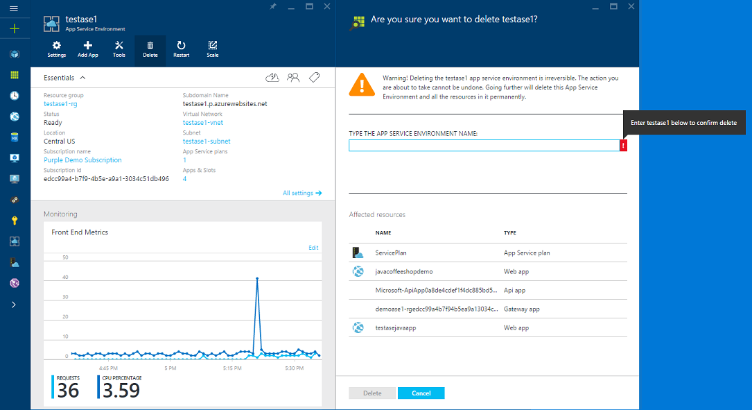 Delete an App Service Environment UI