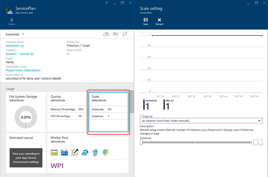 Screenshot that shows where you can set the scale for your ASP or configure autoscale rules for your ASP.