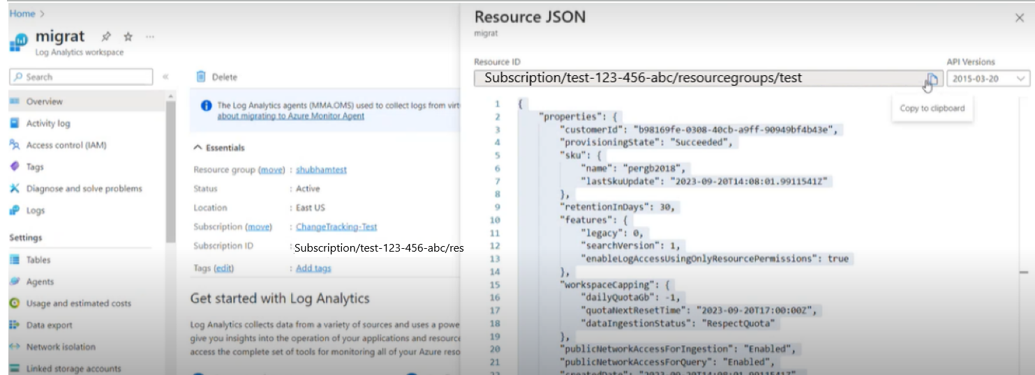 Screenshot that shows the log analytics workspace ID.