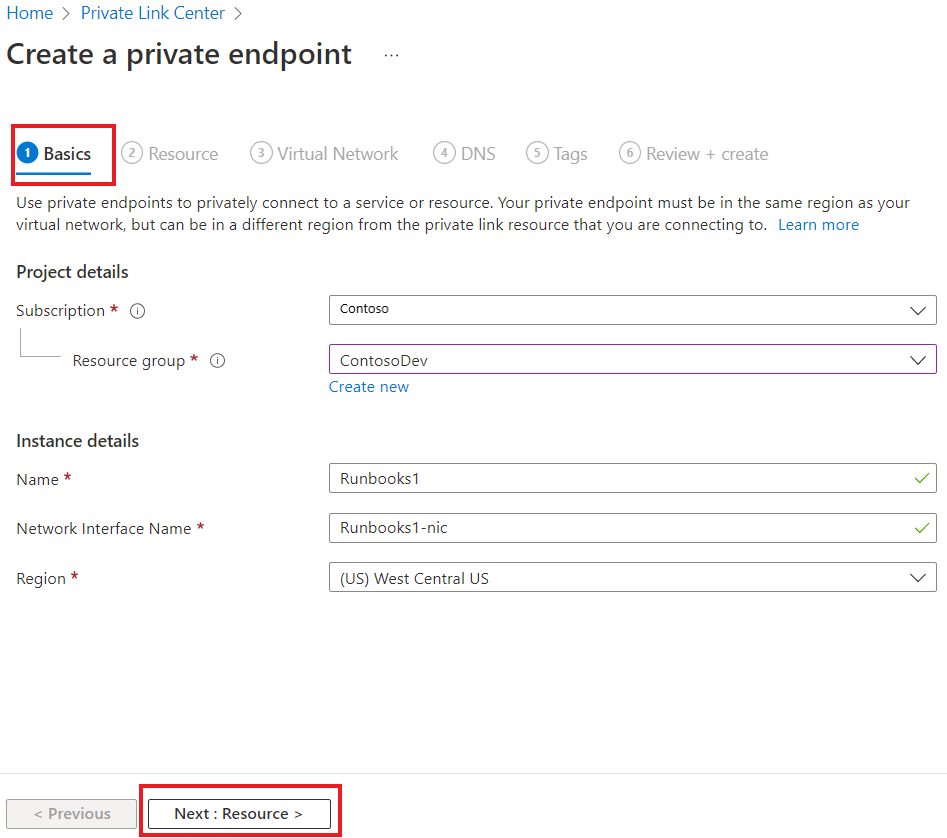 Screenshot of how to create a private endpoint in Basics tab.