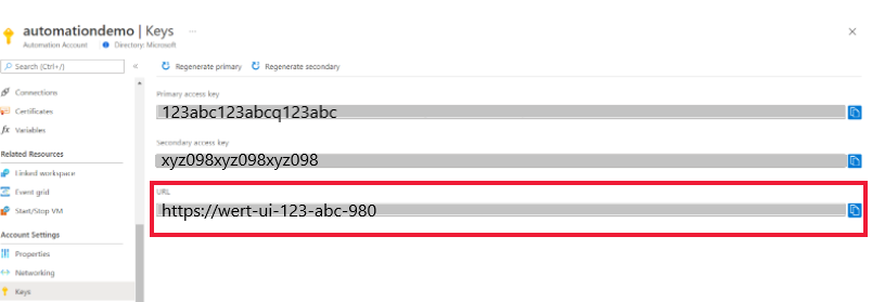 Screenshot of Automation Keys and URL