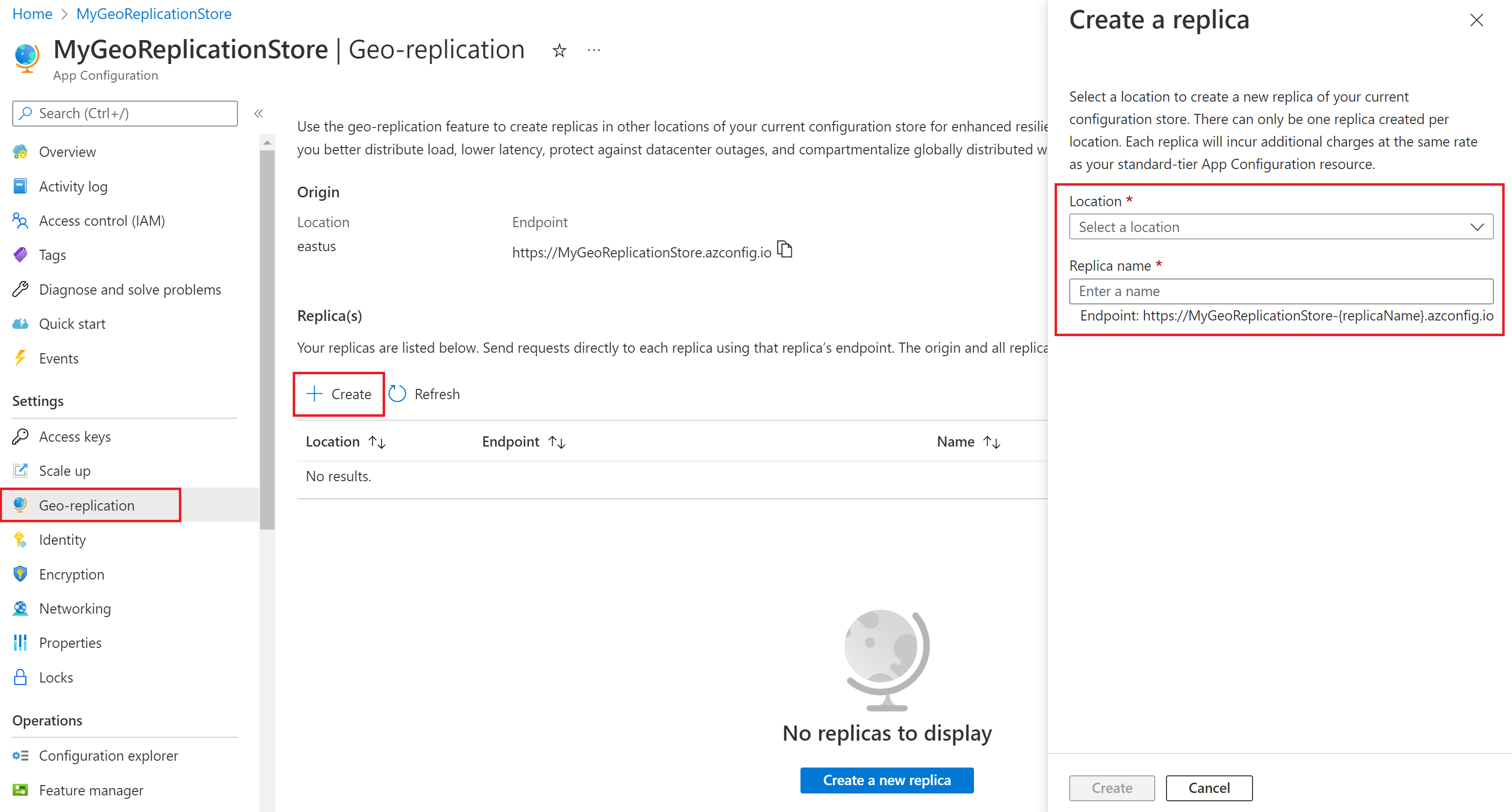 Screenshot of the Geo Replication button being highlighted as well as the create button for a replica.