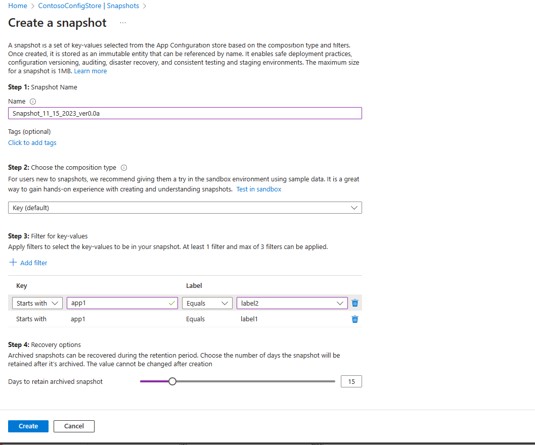 Screenshot of the Create form with data filled as above steps and Create button highlighted.