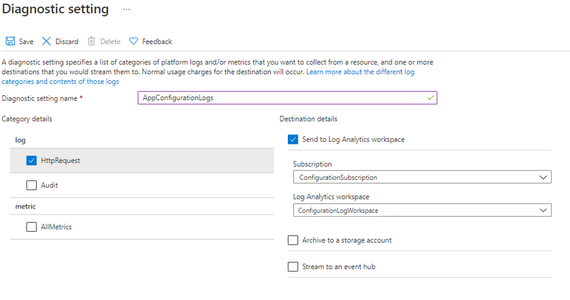 Details of the diagnostic settings