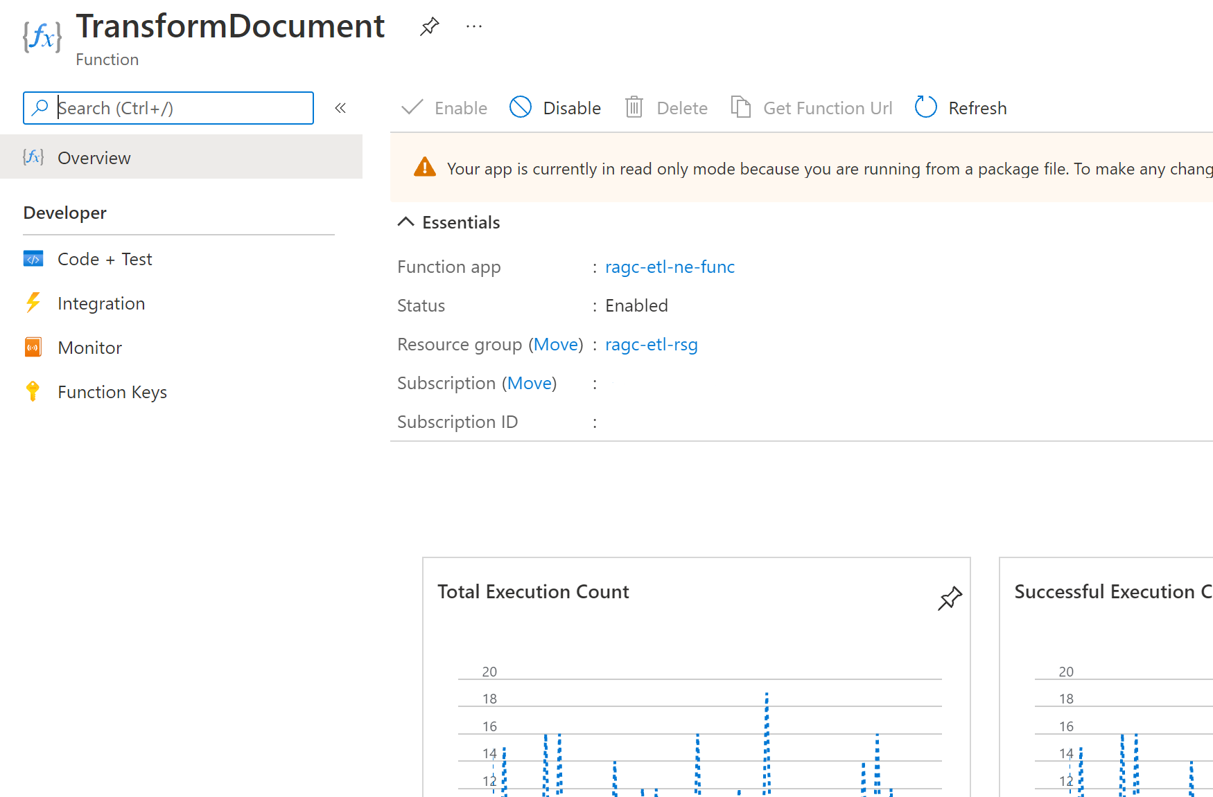 Screenshot that shows the Host.Aggregator telemetry displayed in the function Overview tab.