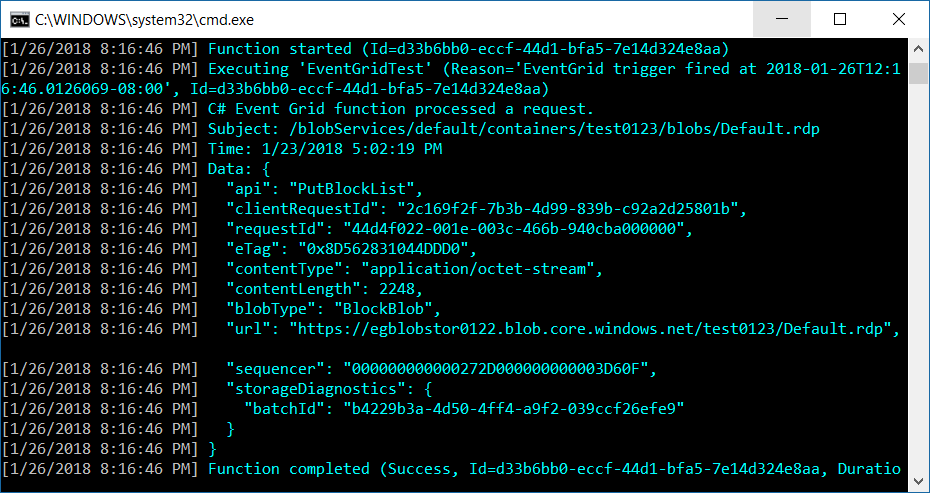 Sample Event Grid trigger function logs