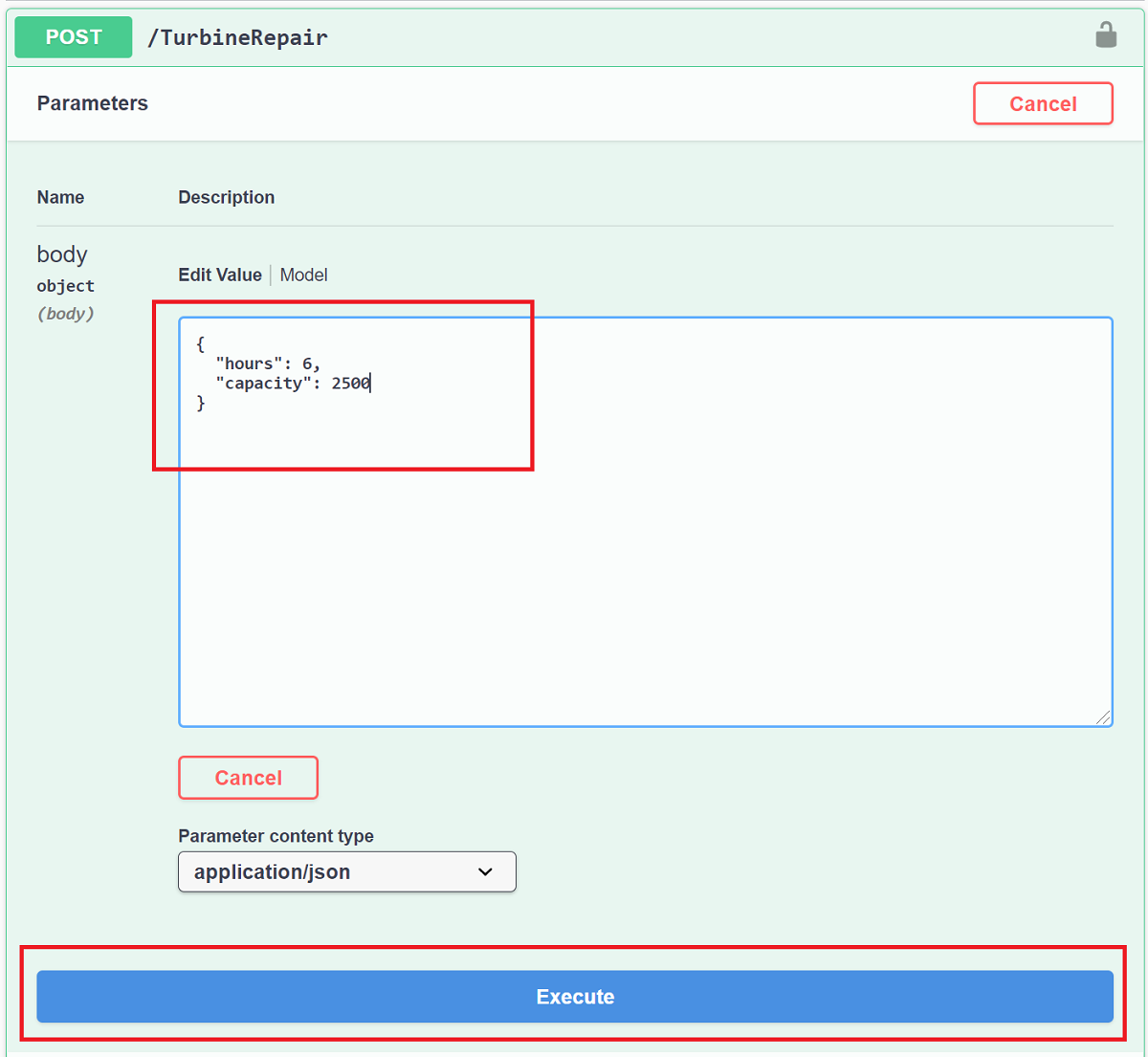 Swagger UI for testing the TurbineRepair API