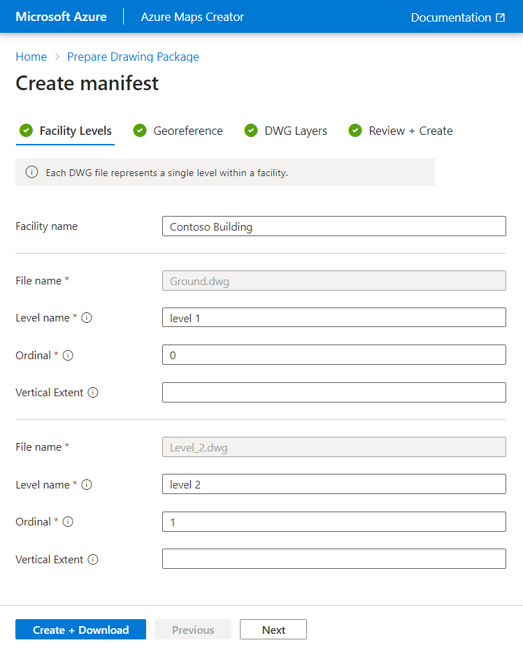 Screenshot showing the facility levels tab of the Azure Maps Creator onboarding tool.