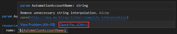 The screenshot of Simplify interpolation linter rule quick fix.