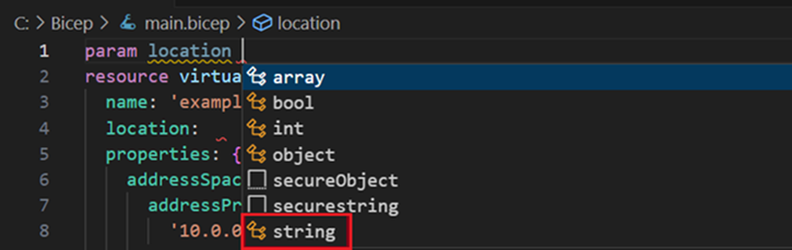 Screenshot of adding string type to parameter.