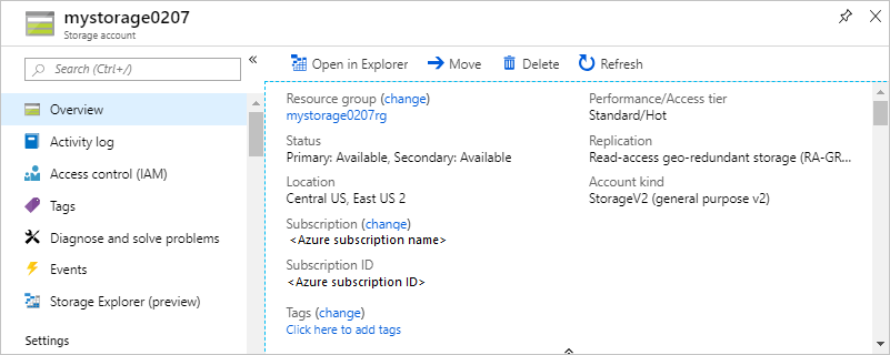 Screenshot of an opened storage account in the Azure portal displaying its overview and settings.