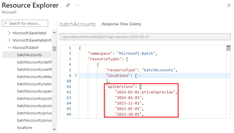 Screenshot of displaying valid API versions for a resource type in the Azure Resource Explorer.