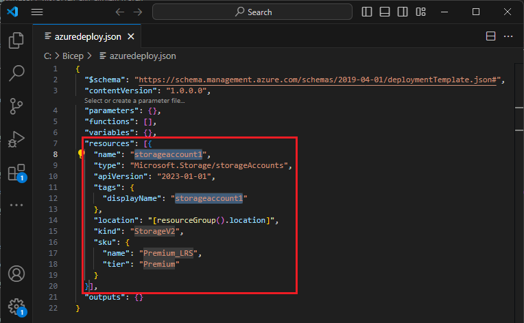 Screenshot showing an Azure Storage resource in an ARM template.