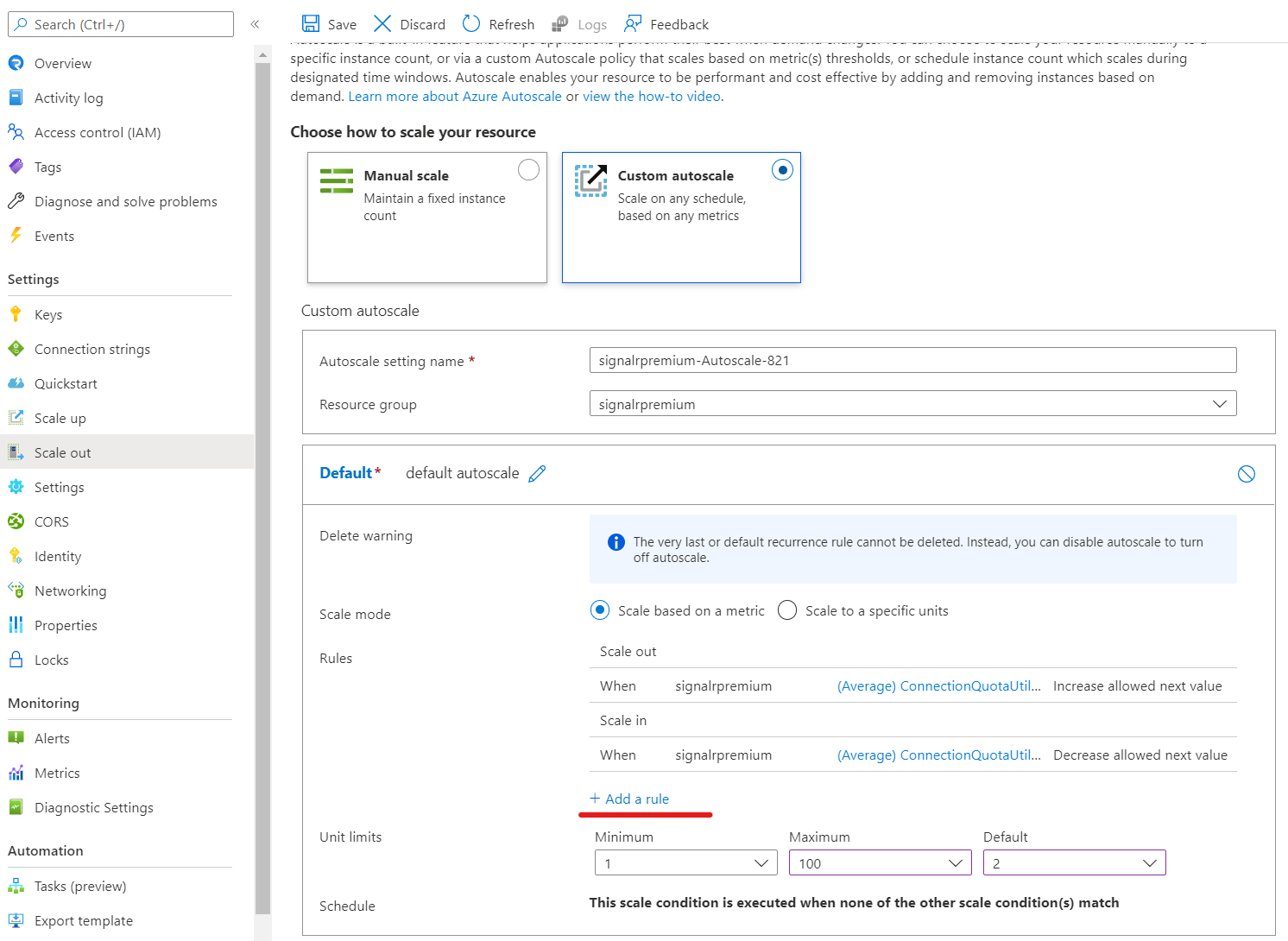 Screenshot of custom rule based on a metric.