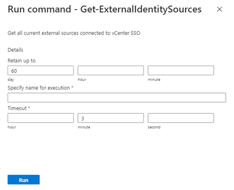 Screenshot that shows the Get-ExternalIdentitySources cmdlet in the Run command menu.