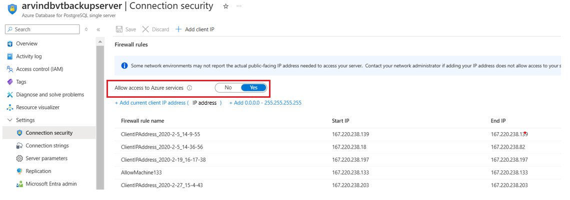 Screenshot showing the option to set network line of sight access on the Azure PostgreSQL server.