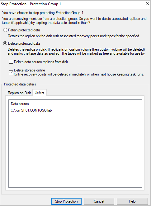 Select Delete protected data from the Stop Protection pane.