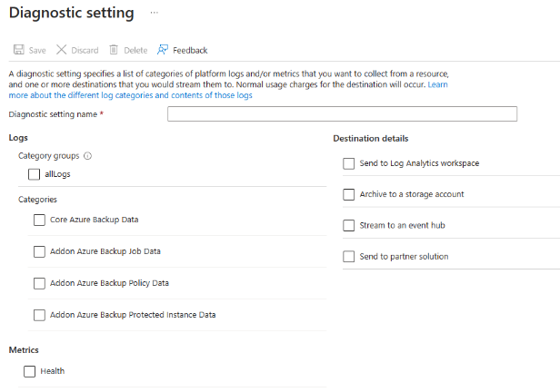 Screenshot shows the backup vault diagnostics settings.