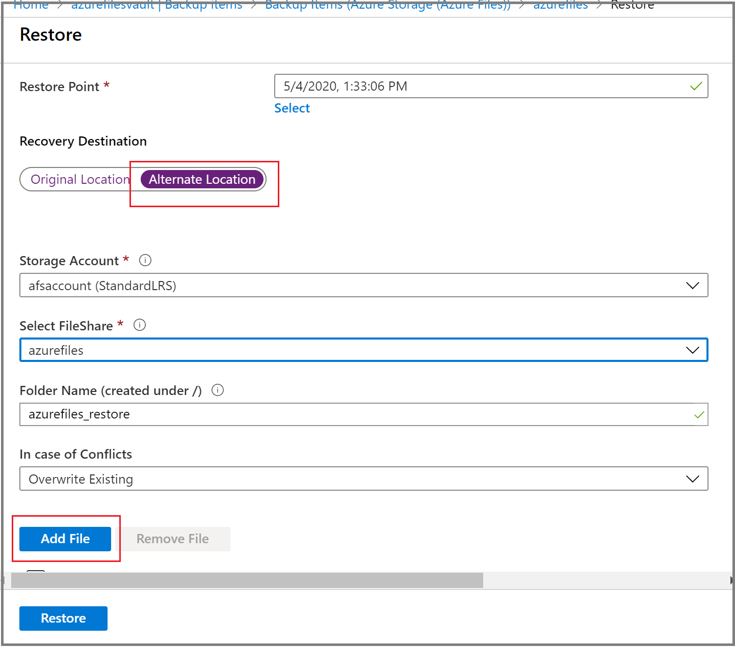 Screenshot shows how to select items to restore to alternate location.